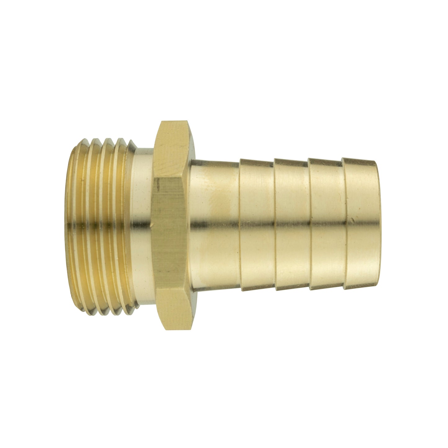 Brass barbed hose connector with barbs and hex base for 3/4" BSPM