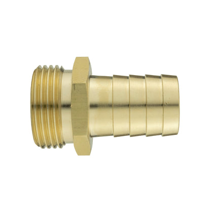 Brass barbed hose connector with barbs and hex base for 3/4" BSPM