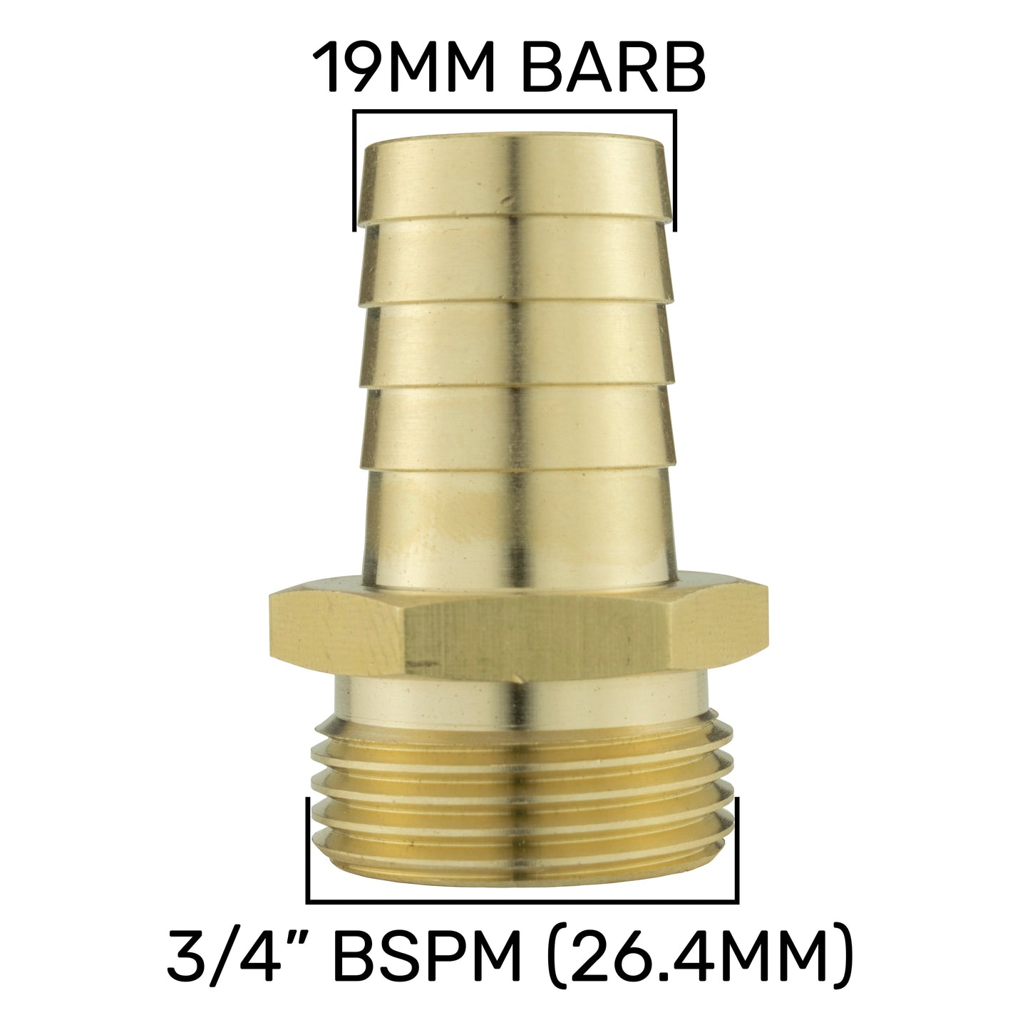 19mm brass barbed hose fitting, 3/4" BSPM thread size