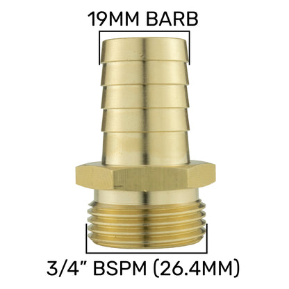 19mm brass barbed hose fitting, 3/4" BSPM thread size