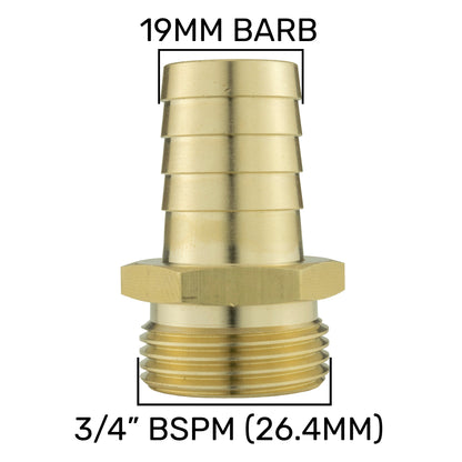 19mm barbed connector; 3/4" BSPM (26.4mm) measurement shown