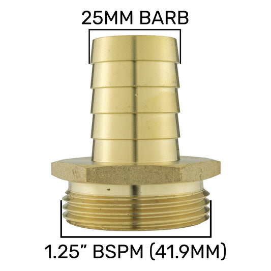 Brass straight joiner 25mm barb connector, BSPM 1.25"