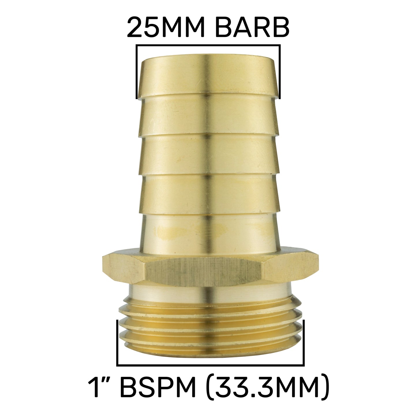 Brass straight joiner 25mm barb, 1" BSPM (33.3mm) size shown