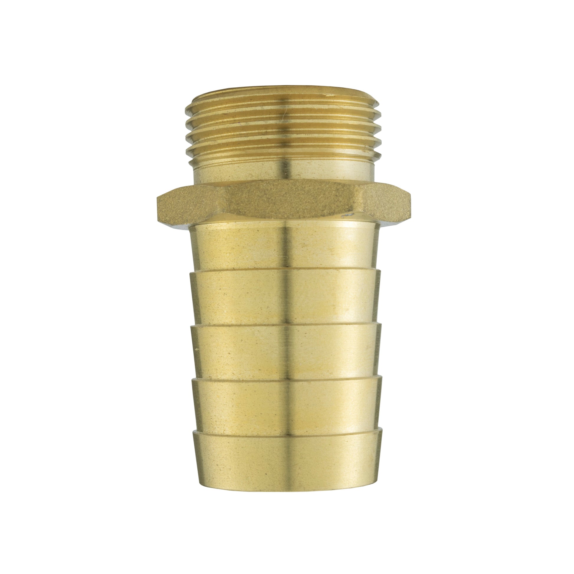 Brass barb connector with male threads and barbed hose end, no quick-connect housing