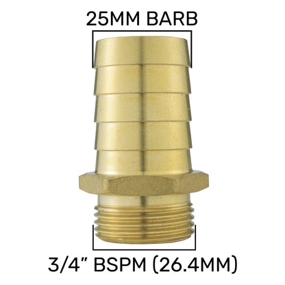 25mm barb and 3/4" BSPM (26.4mm) size markings on brass connector