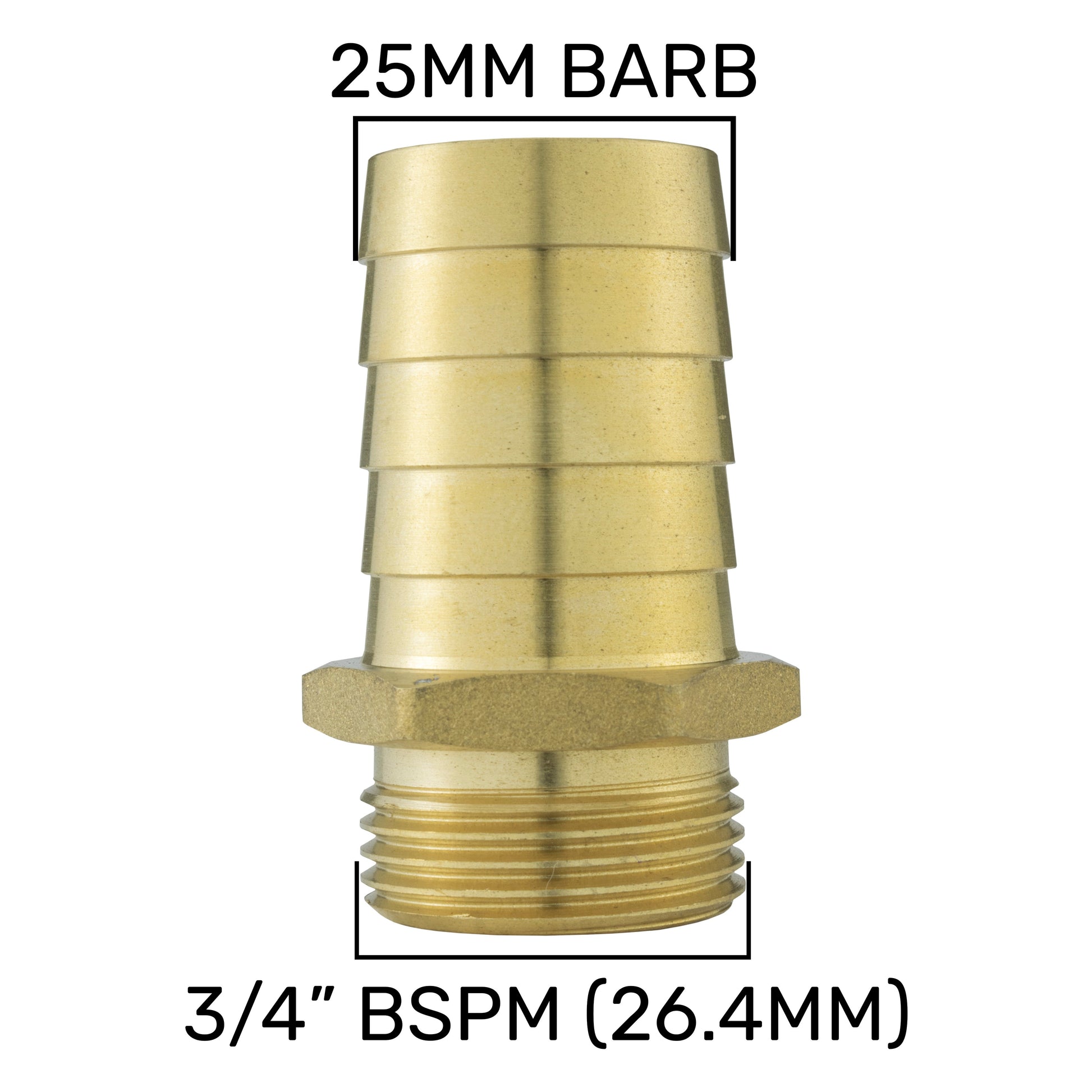 25mm barb size diagram: 3/4" BSPM (26.4mm) measurements on brass fitting
