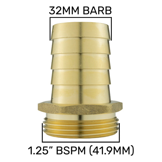 Brass straight joiner with 32mm barbed end and 1.25" BSPM thread