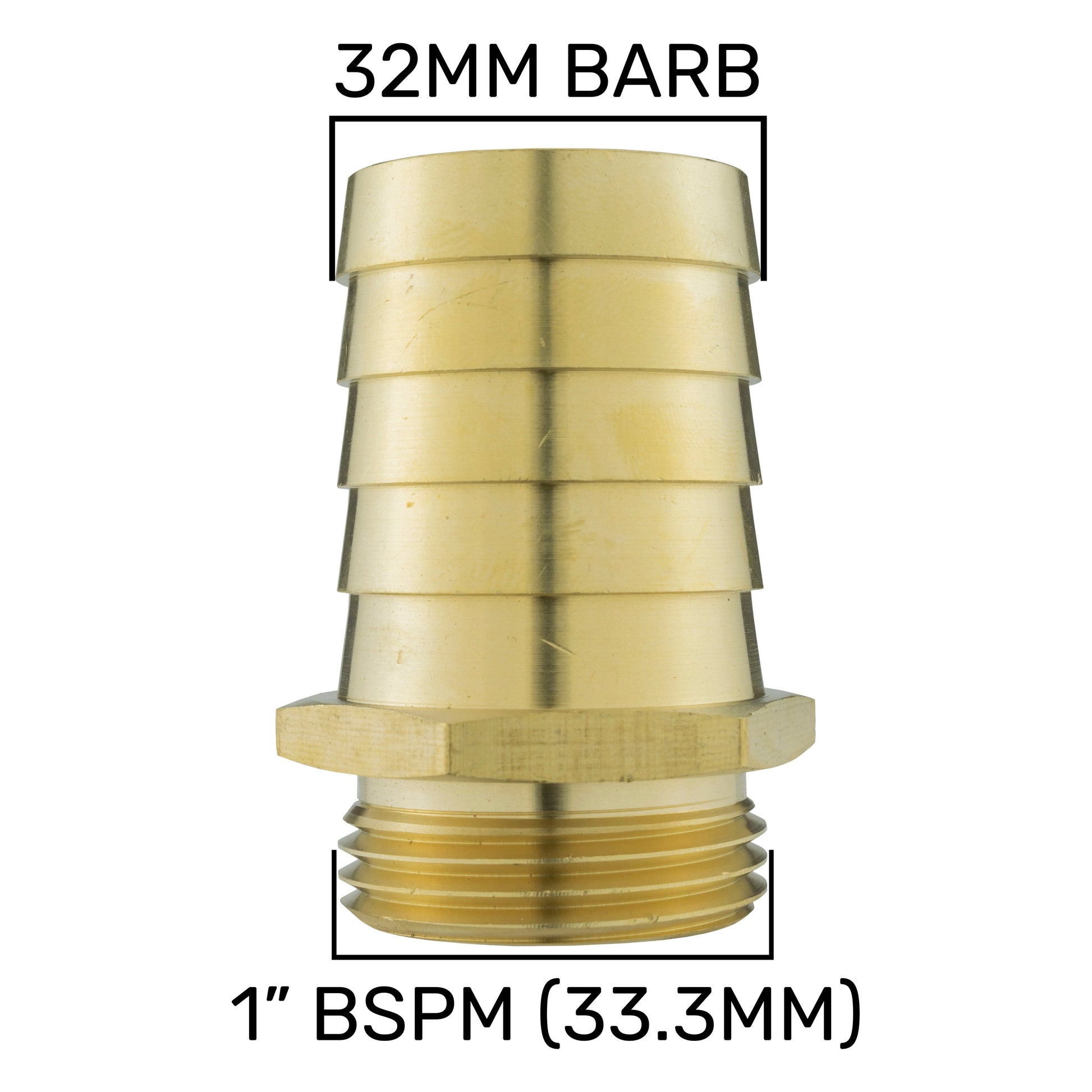Brass straight joiner 32mm with 1" BSPM thread, end-on view
