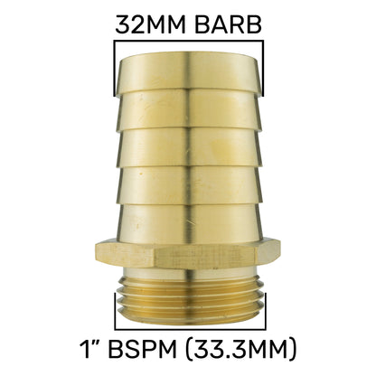 Brass straight joiner 32mm with 1" BSPM thread, end-on view