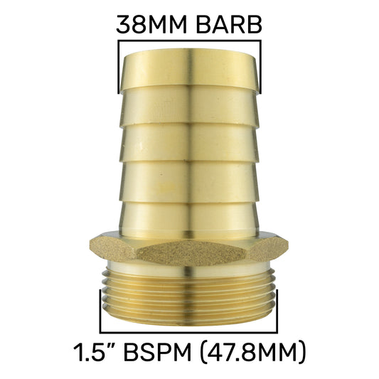 Brass straight joiner with 38mm barb and 1.5" BSPM threads