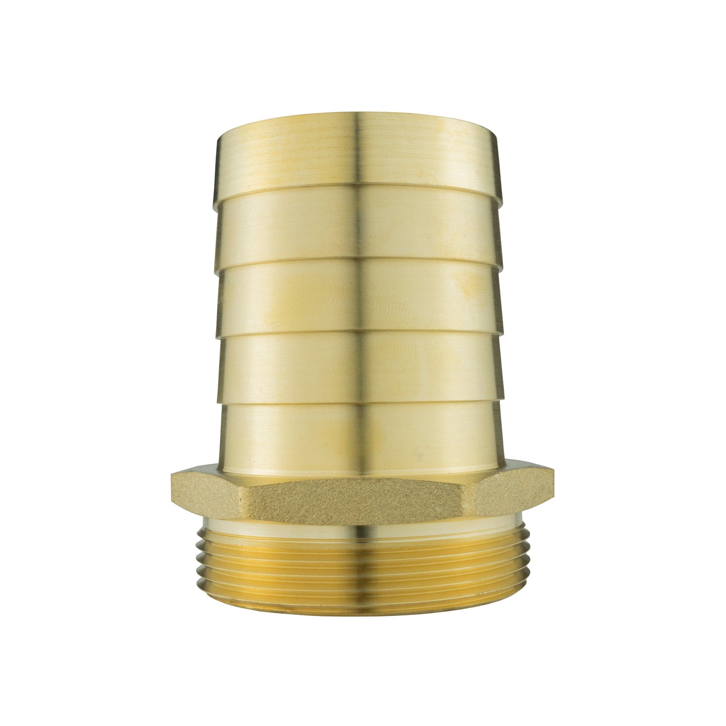 Brass straight joiner with 50mm barb and hex shoulder, 2" BSPM thread