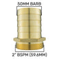 Brass straight joiner, 50mm barb, 2" BSPM male thread