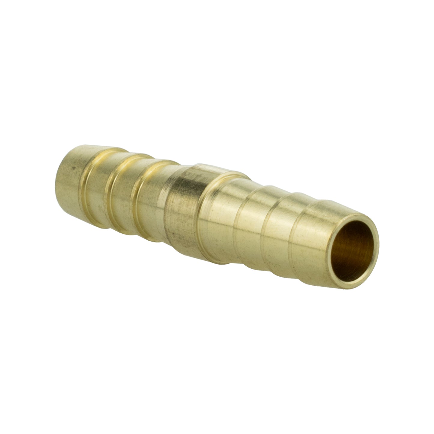 Side view of brass 8 mm straight joiner with barbed connector ends
