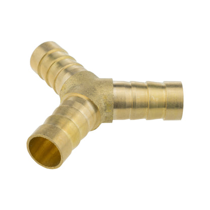 Close view of brass 10mm Y tee connector with barbed ends and central body