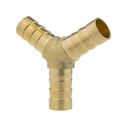 Brass 10mm Y connector with barbed ports on three outlets, brass plumbing fitting