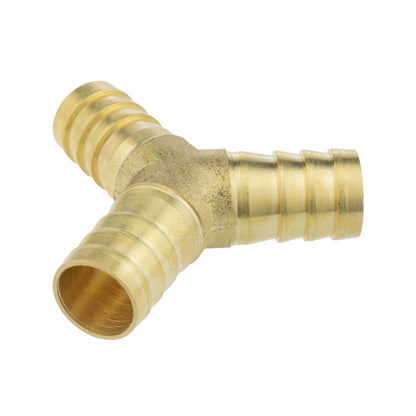 Brass 12.5mm Y tee connector with barbed ports, side angle showing inner openings