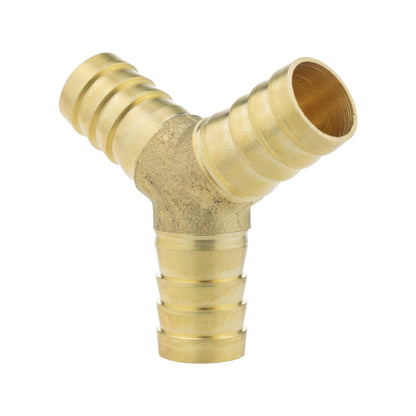 Brass Y connector 12.5mm, close view of barbed hose fittings and center junction