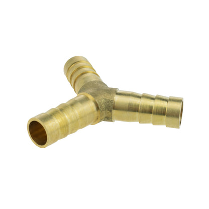 Brass Y connector 8mm, angled view with three barbed tube fittings