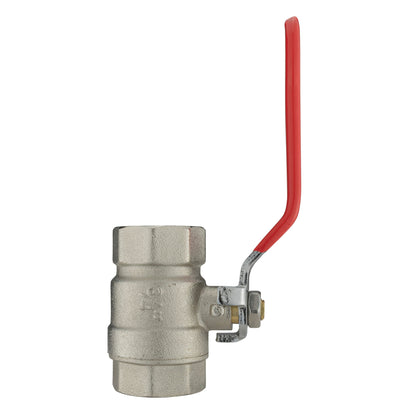 Brass nickel-plated lever valve with red lever and hex bolt mounting bracket
