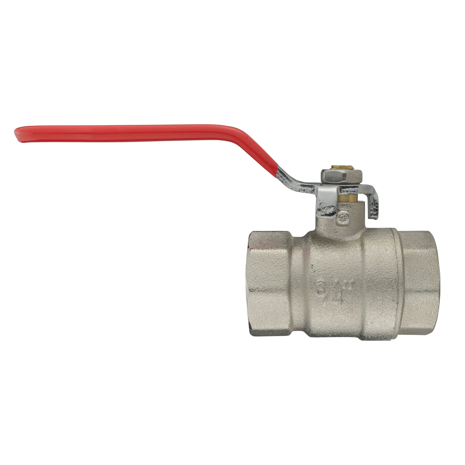 Brass nickel-plated lever valve with red handle and metal cylindrical body