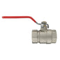 Brass nickel-plated lever valve with red handle and metal cylindrical body