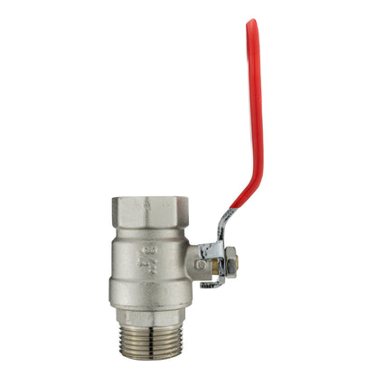 Lever valve assembly with red handle on metal body and threaded inlet connection