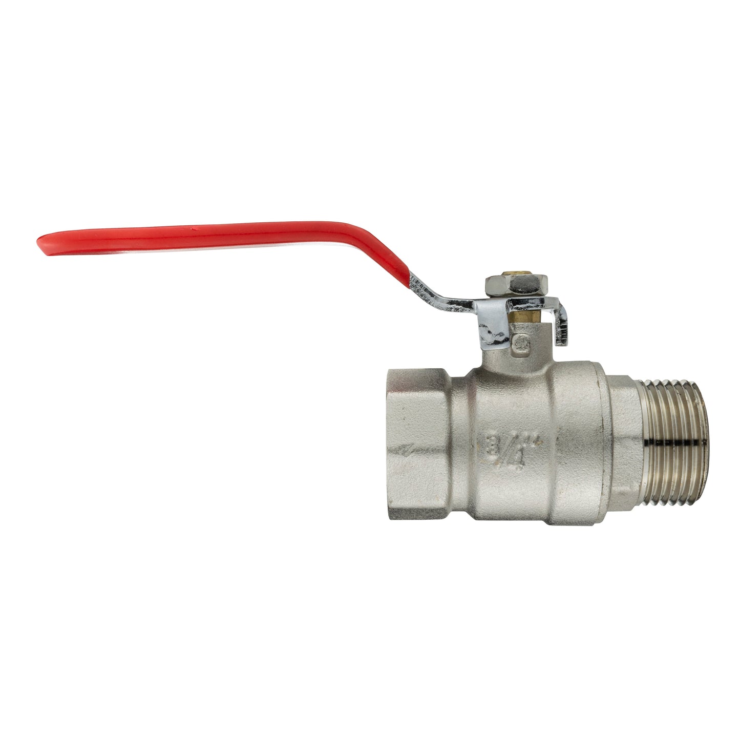 IBC lever valve with S60X6 outlet threads and red handle; metal and black