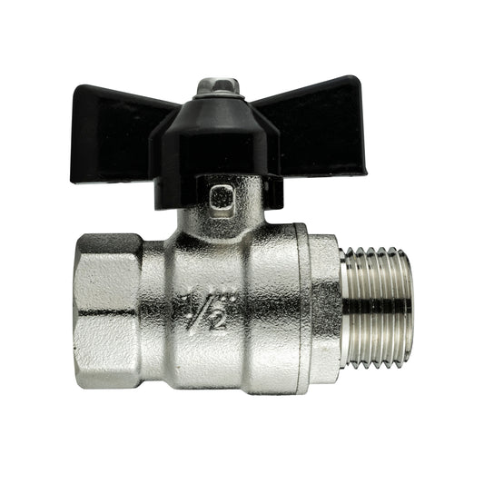 Brass nickel-plated 1/2" BSP butterfly valve with black lever handle