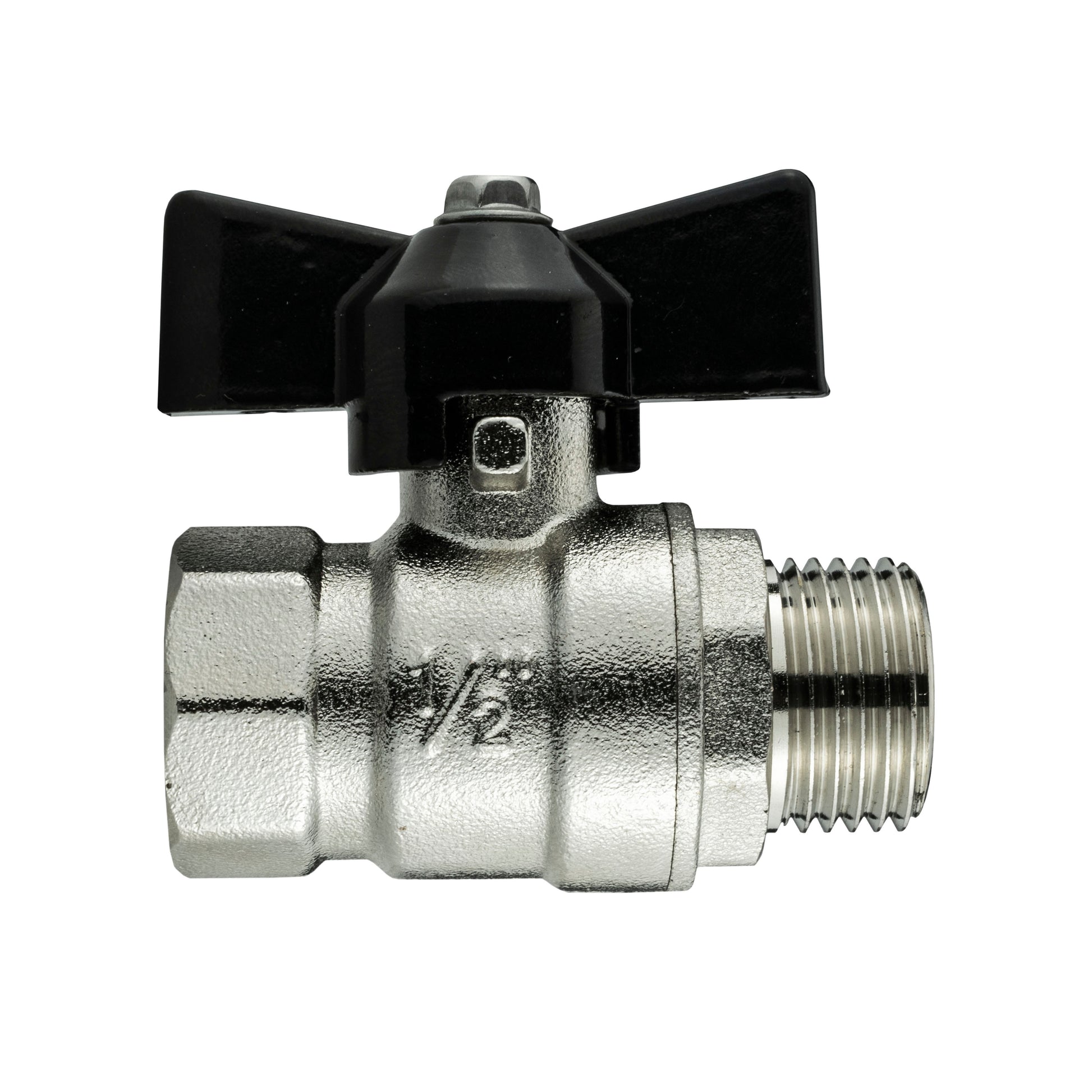 1/2" BSP bib valve wall flange fitting, chrome/brass body with black mounting flanges
