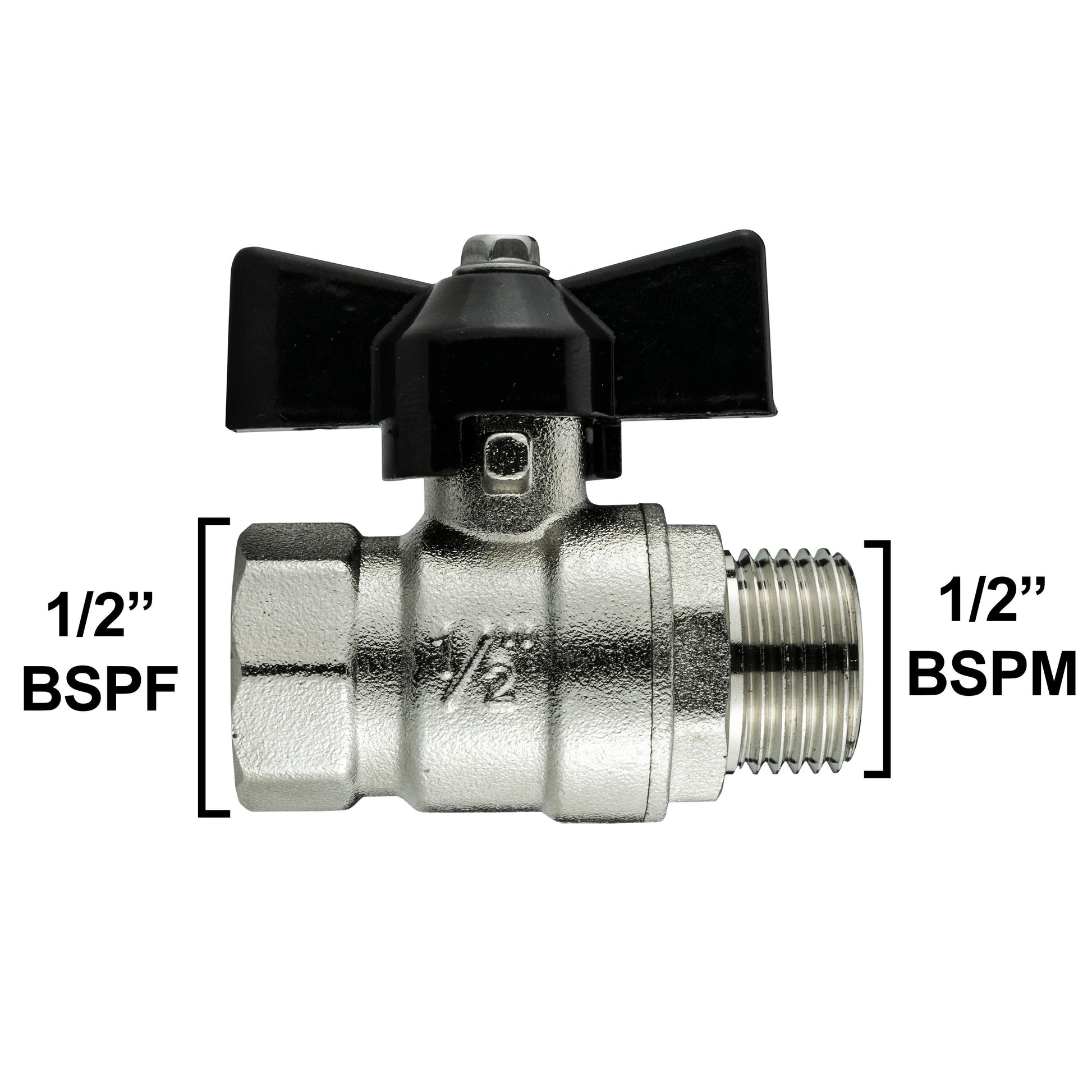 Ventil mit Aufdruck, Größe 1/2" BSPP und 1/2" BSPM; schwarzes Betätigungsstück