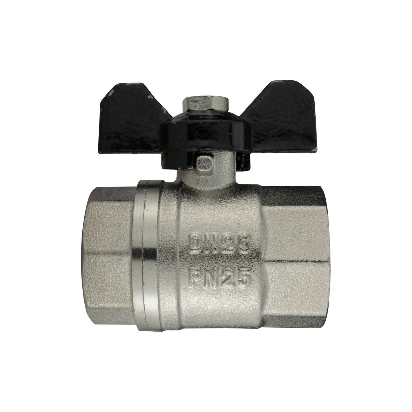 Nickel-plated butterfly valve, black lever, 1" BSPF body with stamped markings