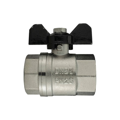 Nickel-plated butterfly valve, black lever, 1" BSPF body with stamped markings