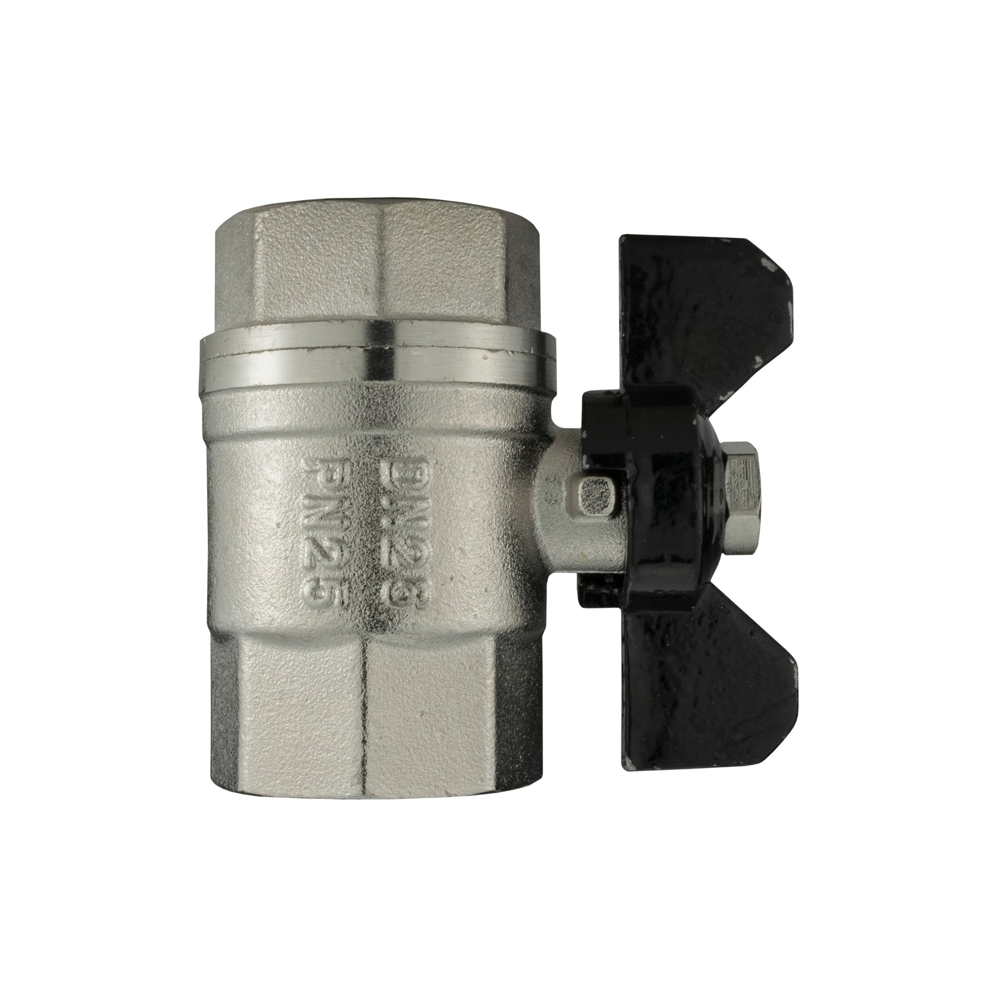 Nickel-plated butterfly valve with black lever, 1" BSPF side view, connection ends