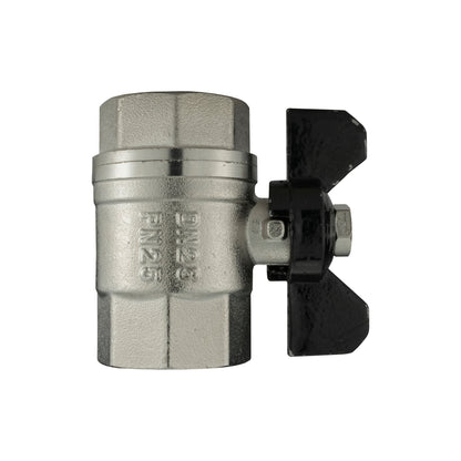 Nickel-plated butterfly valve with black lever, 1" BSPF side view, connection ends