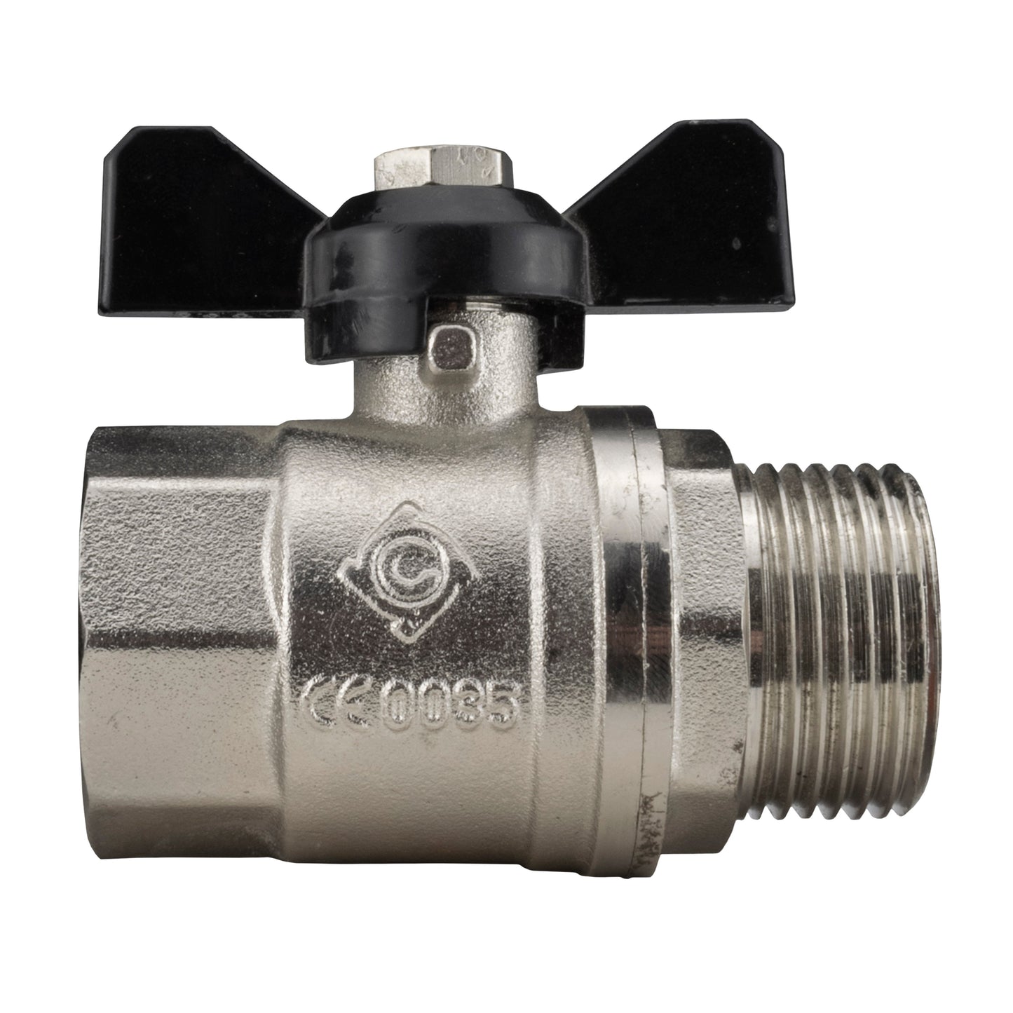 Zinc nickel plated butterfly valve, 3/4" BSPM-F, with black lever handle.