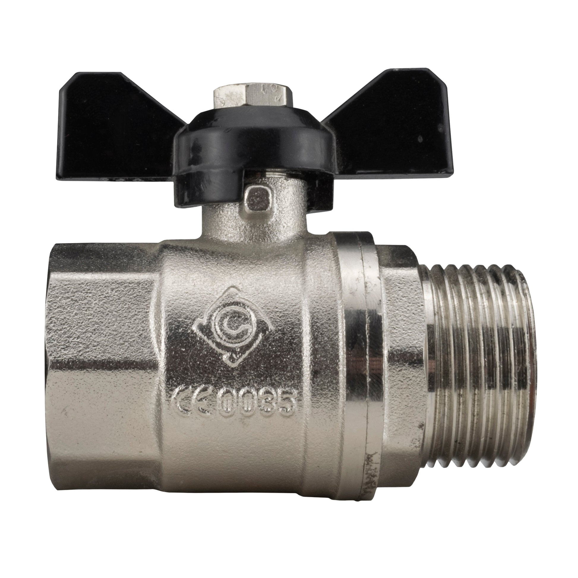 Zinc nickel plated butterfly valve, 3/4" BSPM-F, with black lever handle.