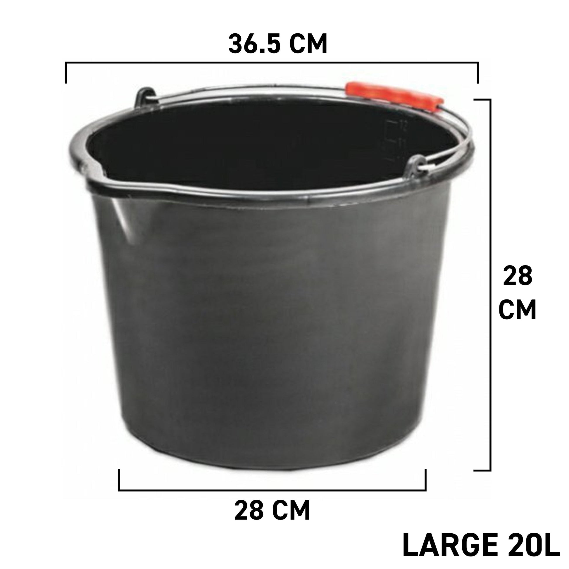 Black 20L PP bucket, 28 cm diameter, 36.5 cm height, metal rim & orange handle