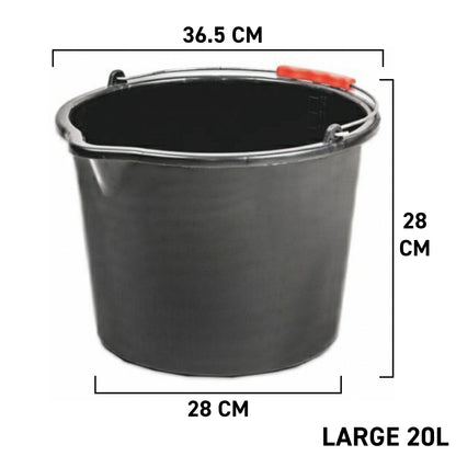 Black 20L PP bucket, 28 cm diameter, 36.5 cm height, metal rim & orange handle