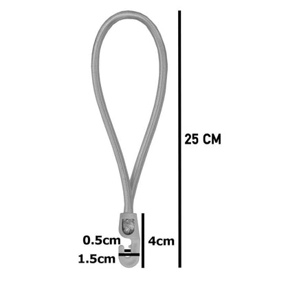 Bungee cord hook dimensions: 25 cm length, 4 cm hook opening, 0.5 cm thickness