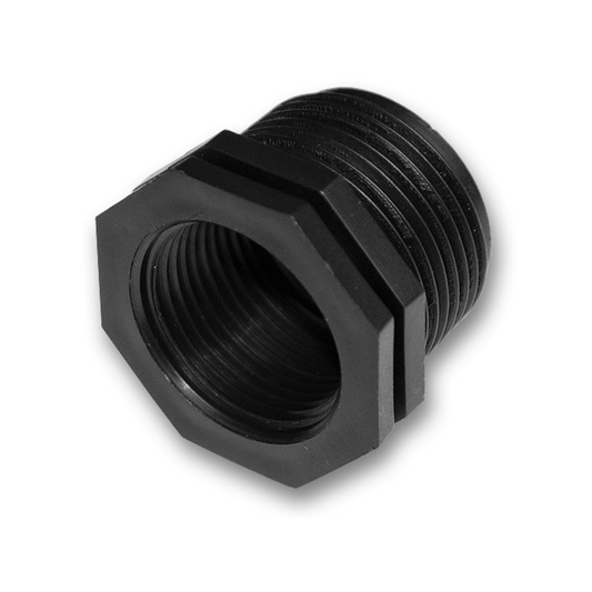 Black BSP reducing bush, 1.5" male to 3/4" female threaded connection