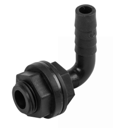 Tank connector elbow fitting with two barbed hose ends and sealing ring