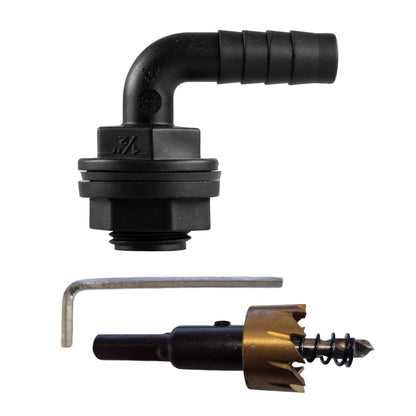 90-degree tank connector with washer and nut; 1/2" BSPM to 1/2" barb fitting