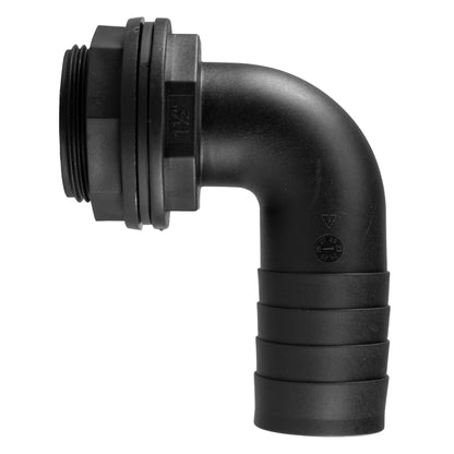 Close-up of black 90-degree tank connector with threaded BSPM connection
