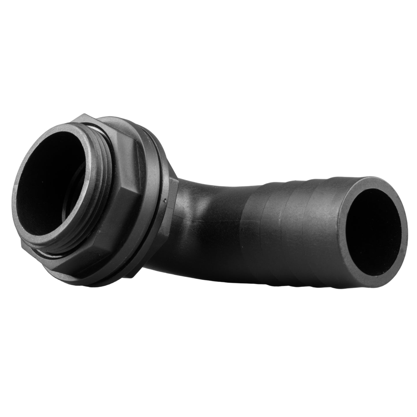90-degree tank connector showing straight barb end and female threaded hub
