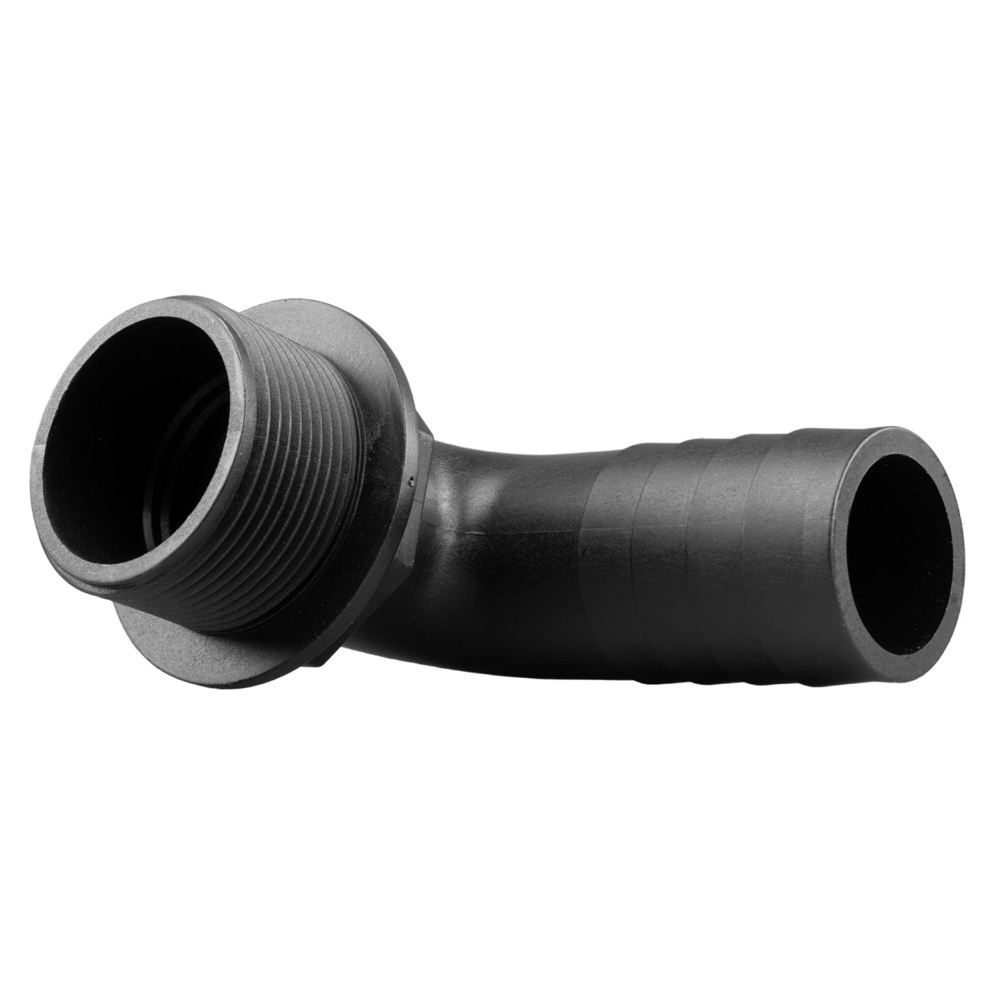 Barb-to-threaded 90-degree tank connector with black hose barb outlet