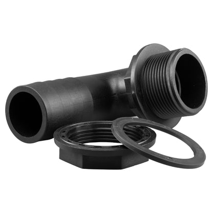 Black 90-degree tank connector with threaded inlet, barb outlet and sealing ring