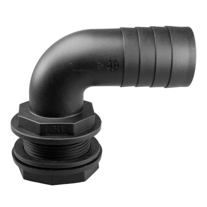 90-degree black tank connector with flanged washer and male thread