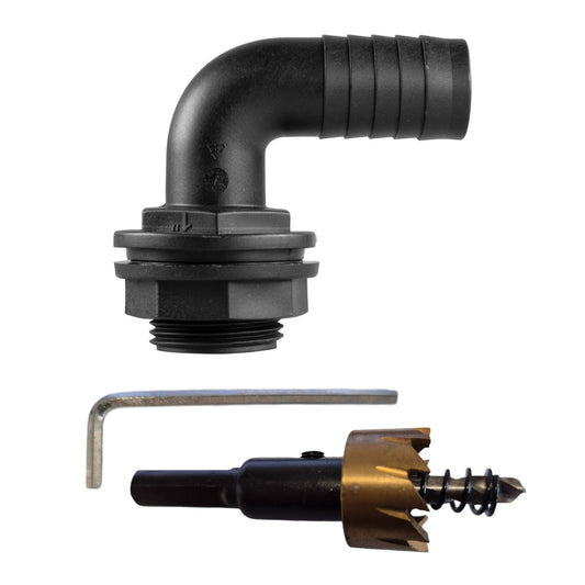 90-degree tank connector with washer & nut, 1" BSPM and 1" barb, includes drill bit