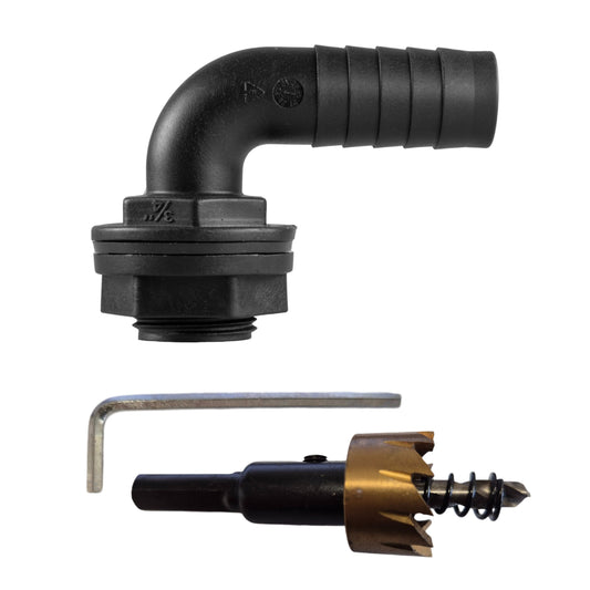 90° Tankverbinder aus schwarzem Kunststoff, 3/4" BSP Außengewinde auf 3/4" Schlauchtülle