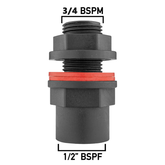 Water butt connector 3/4" BSPM to 1/2" BSPF, male and female threads